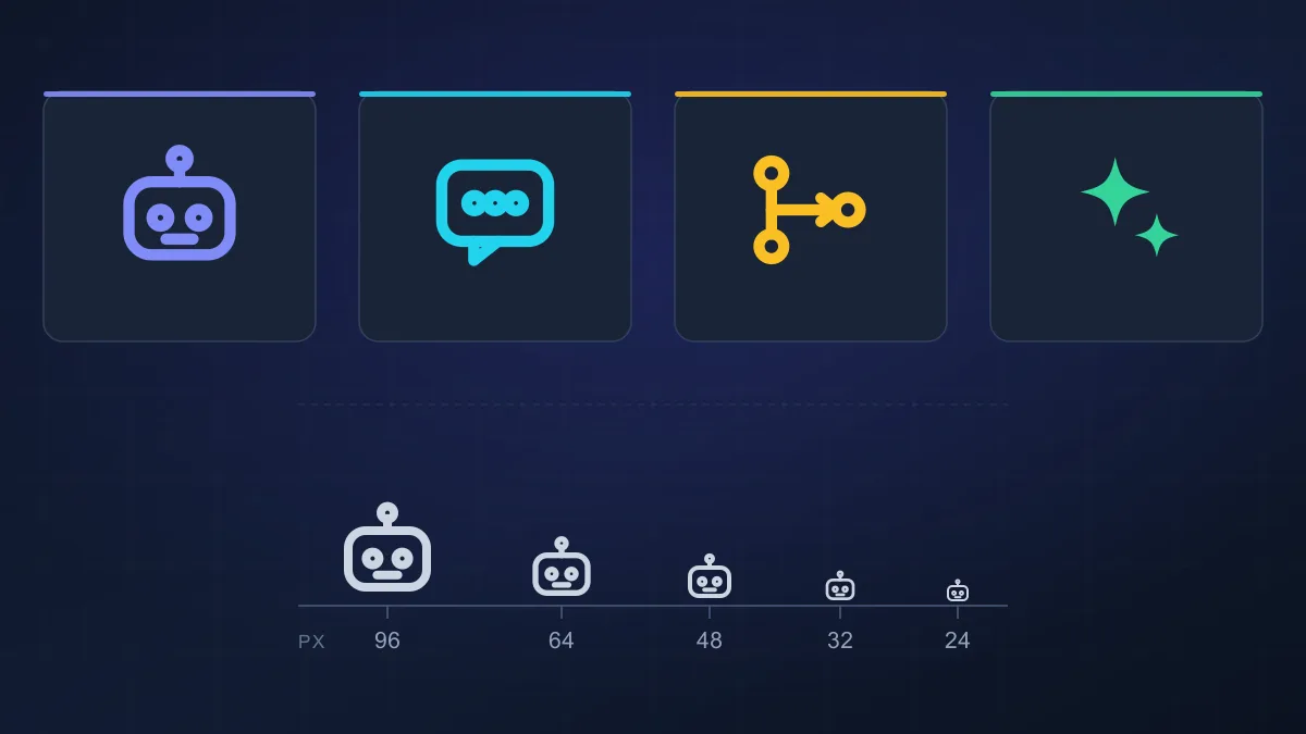 Four AI interface symbols, a robot head, chat bubble, branching workflow and sparkle, shown above the same robot icon rendered at 96, 64, 48, 32 and 24 pixel sizes