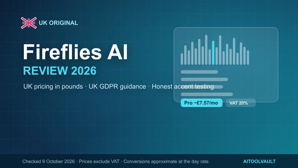 Editorial illustration for a 2026 Fireflies AI review with UK pricing: a meeting workspace, an AI notetaker panel showing a live transcript, and British pounds price chips with a 20% VAT note