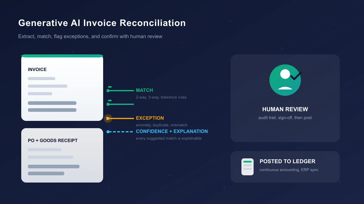 Generative AI invoice reconciliation workflow showing invoice and purchase order matching, an exception flag, and human review before posting to the ledger