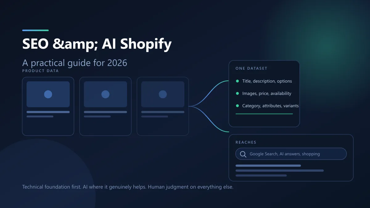Abstract diagram: three product cards feeding one structured data layer listing title, images, price and category fields, which then feeds Google Search and AI answers