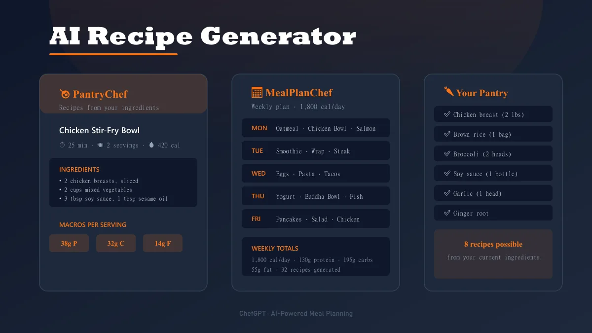 ChefGPT AI recipe generator app showing a personalized meal plan with macro breakdown