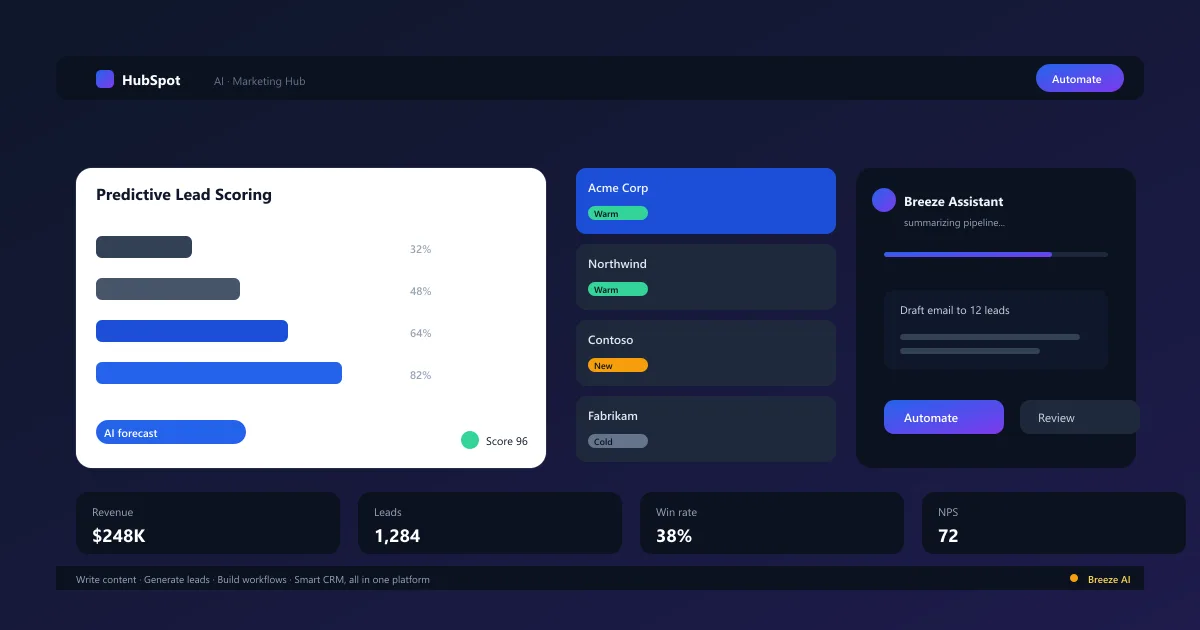 HubSpot AI CRM dashboard interface showing predictive lead scoring and automated sales analytics tools