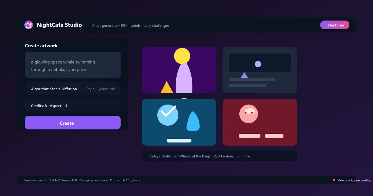 NightCafe Studio interface showing AI-generated art with Stable Diffusion algorithm