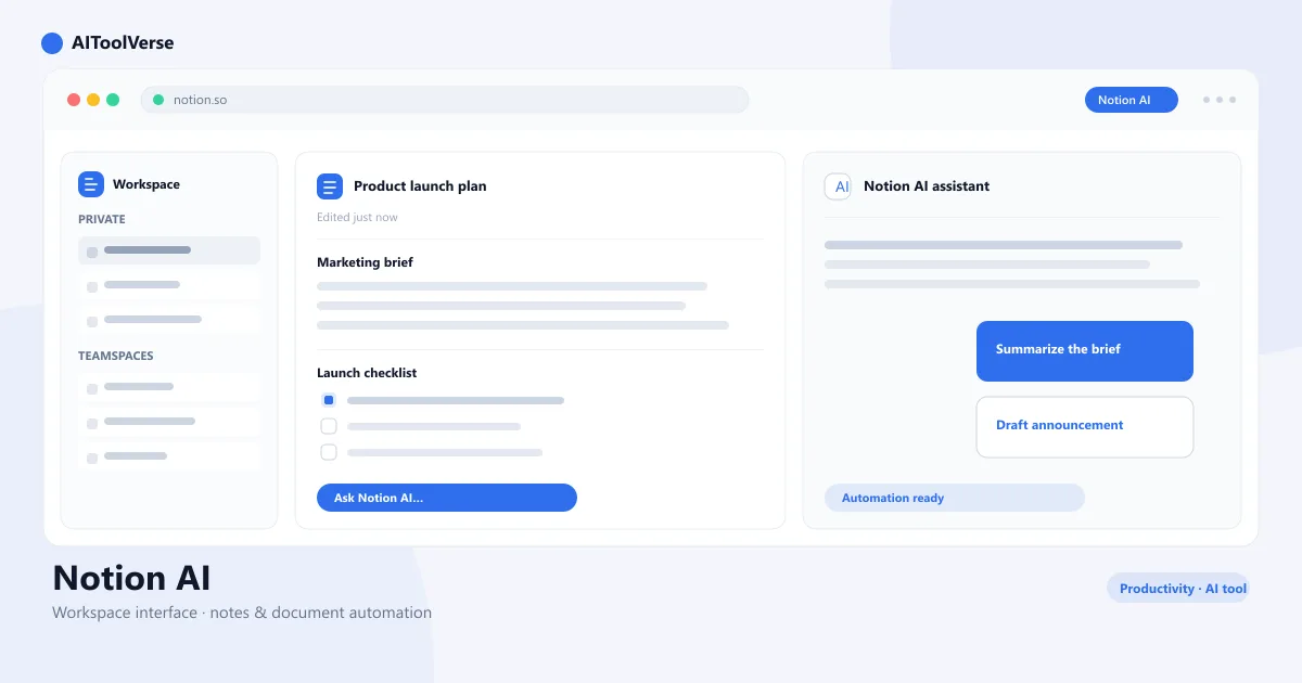Notion AI workspace interface showing notes and document automation