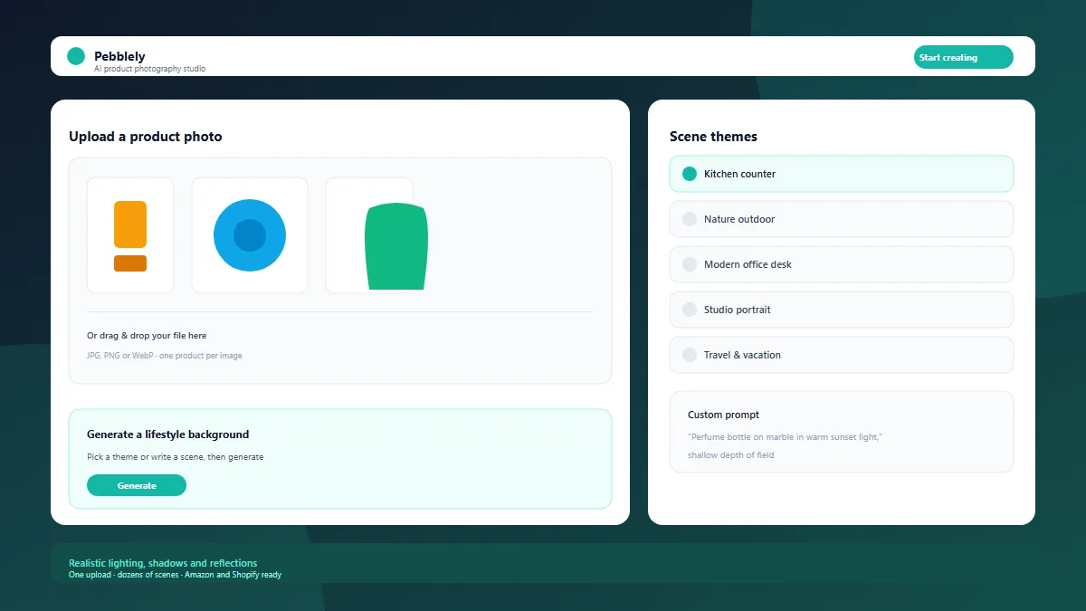 Pebblely AI interface showing a product photo transformed with a lifestyle background