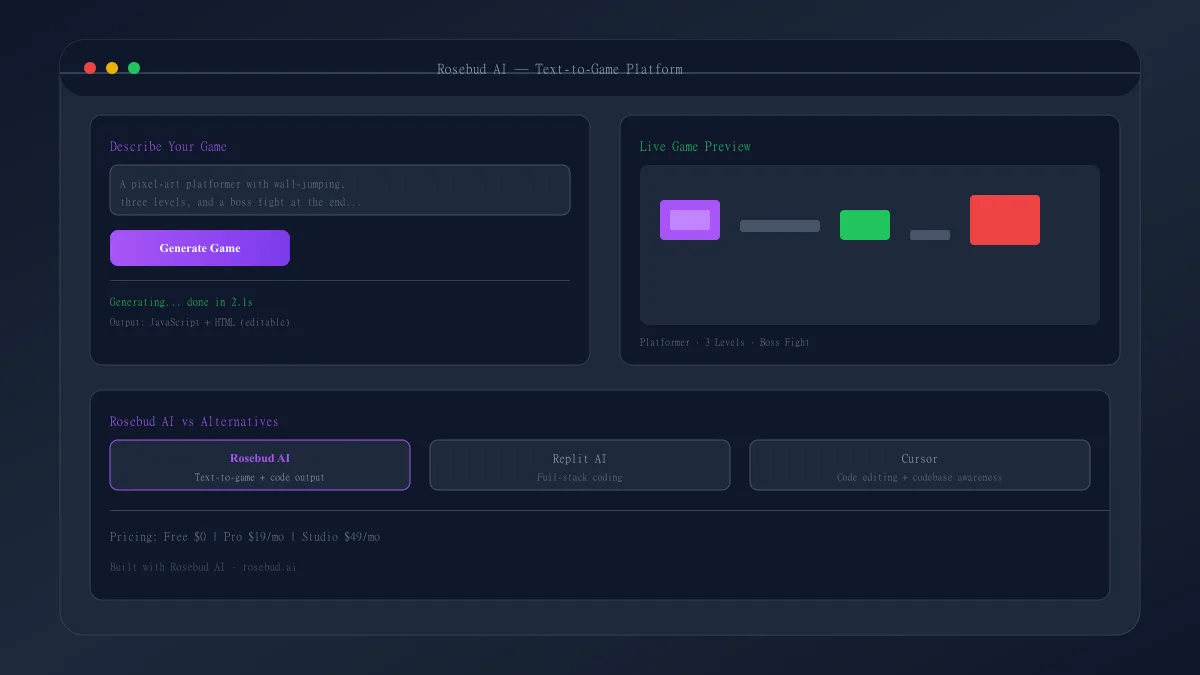 Rosebud AI interface showing a game generated from a text prompt
