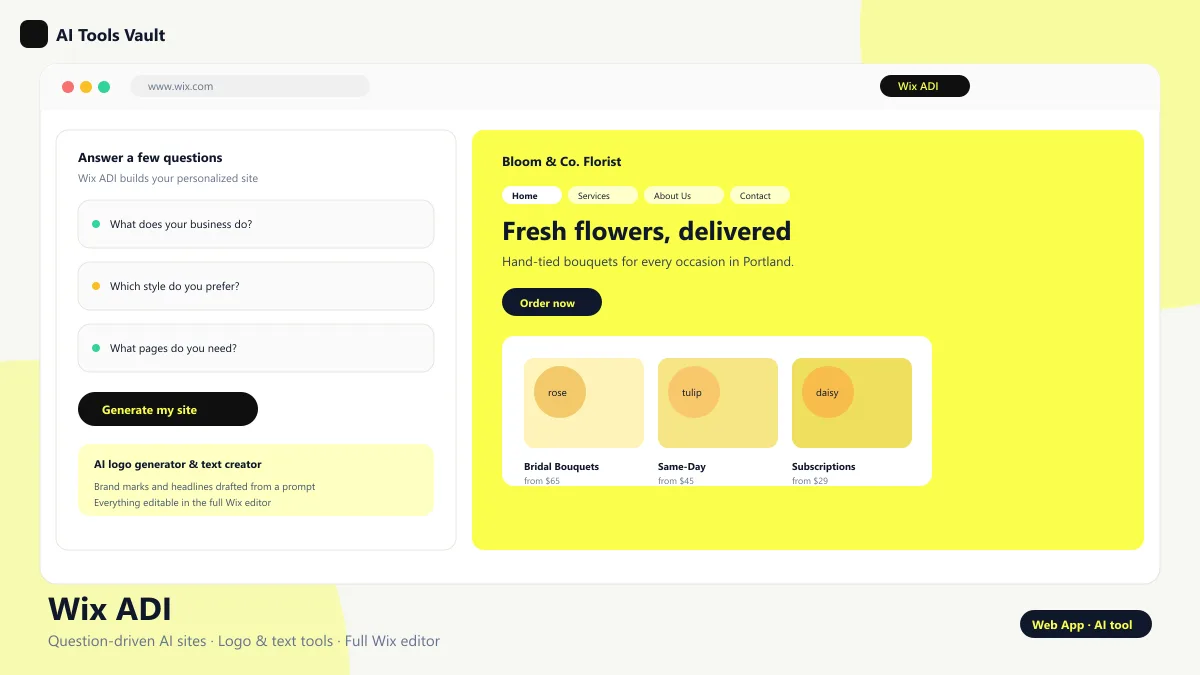 Wix ADI interface showing AI-generated website design with editable sections