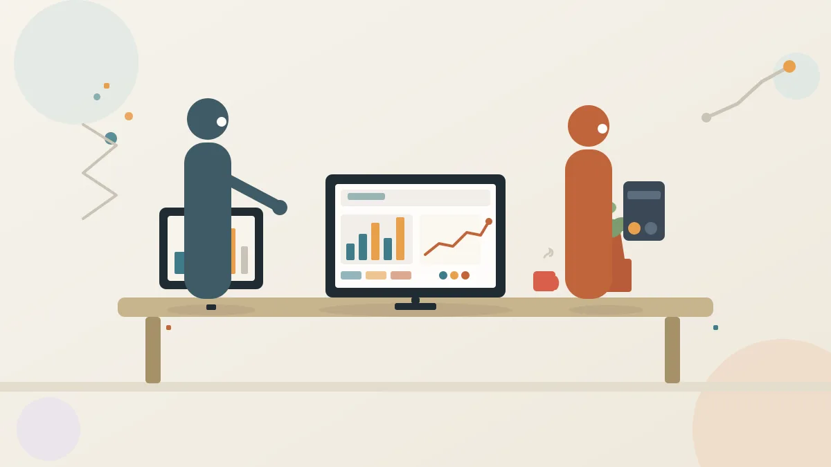 Illustration of a sales team at a desk with a laptop showing a pipeline dashboard, a second screen, coffee cup, and a plant