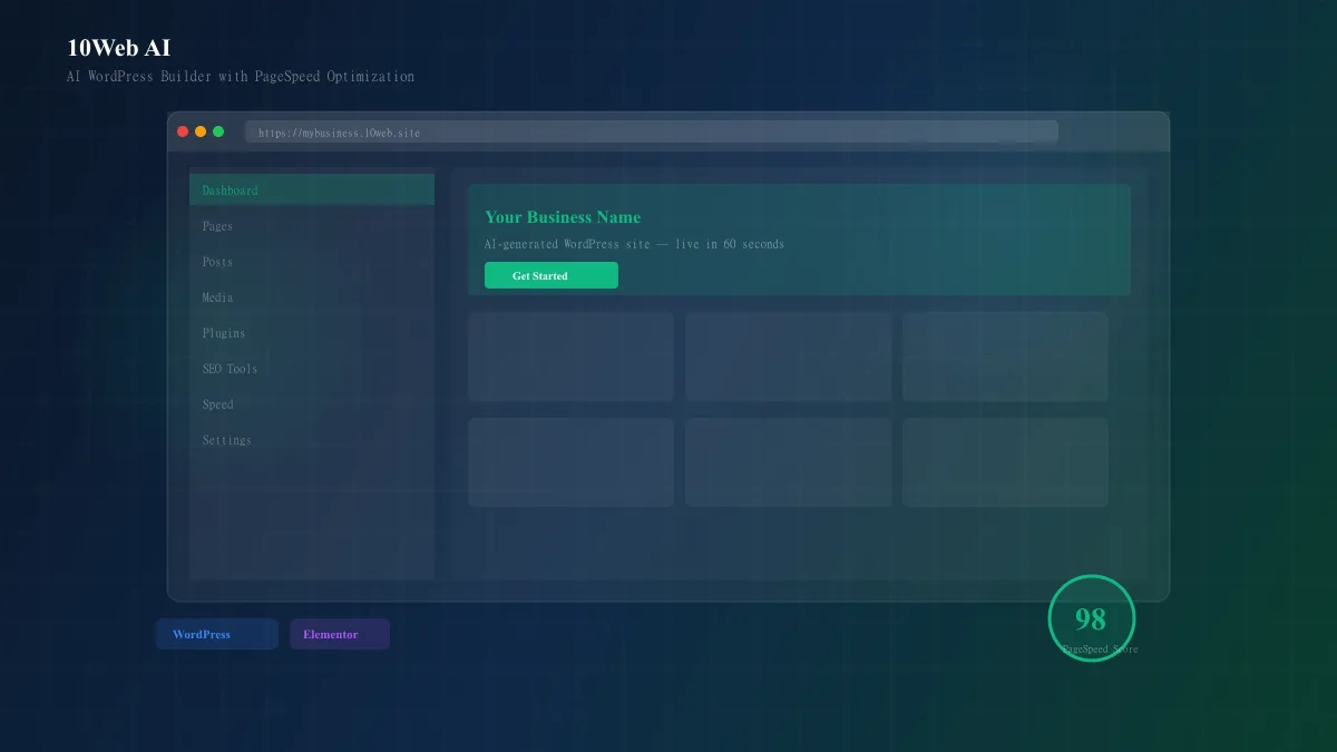 10Web AI interface showing a WordPress website generated and optimized with PageSpeed booster