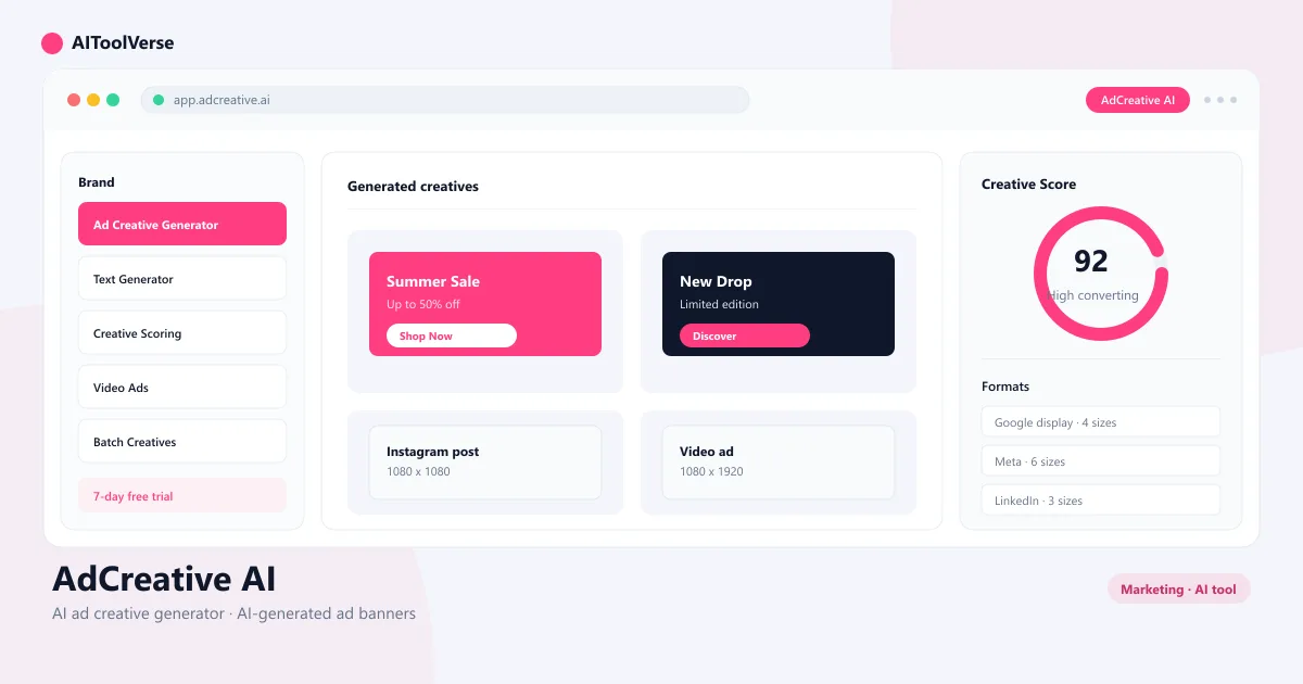 AdCreative AI ad creative generator interface showing AI-generated ad banners