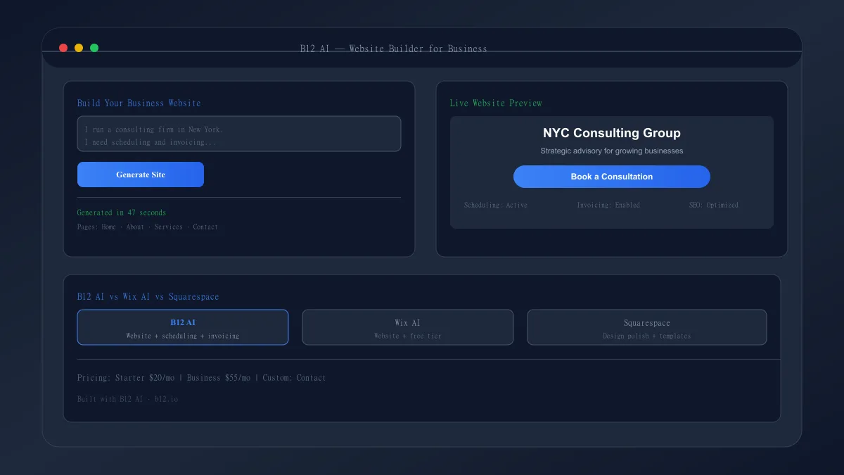 B12 AI interface showing a professional website generated in seconds