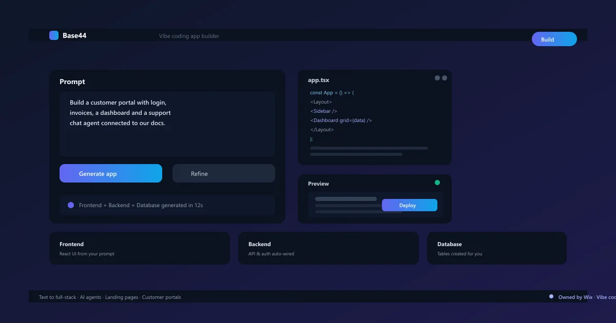 Base44 AI app builder interface showing vibe coding text to app generation