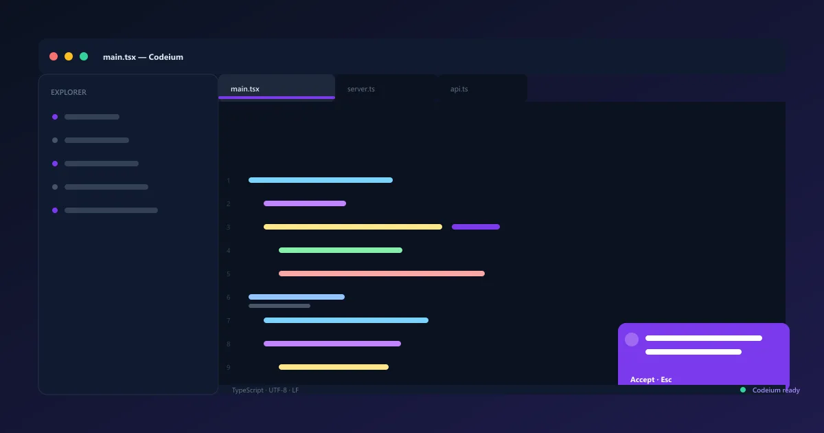 Codeium AI coding assistant interface showing code suggestions in VS Code