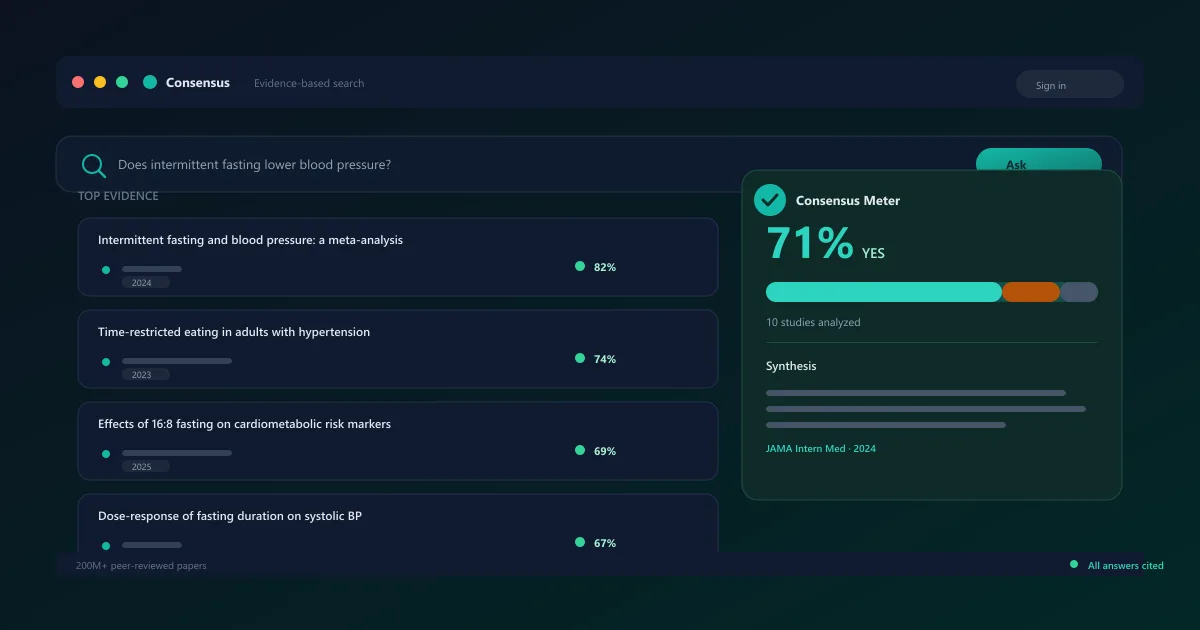 Consensus AI search engine interface showing scientific paper results and consensus meter