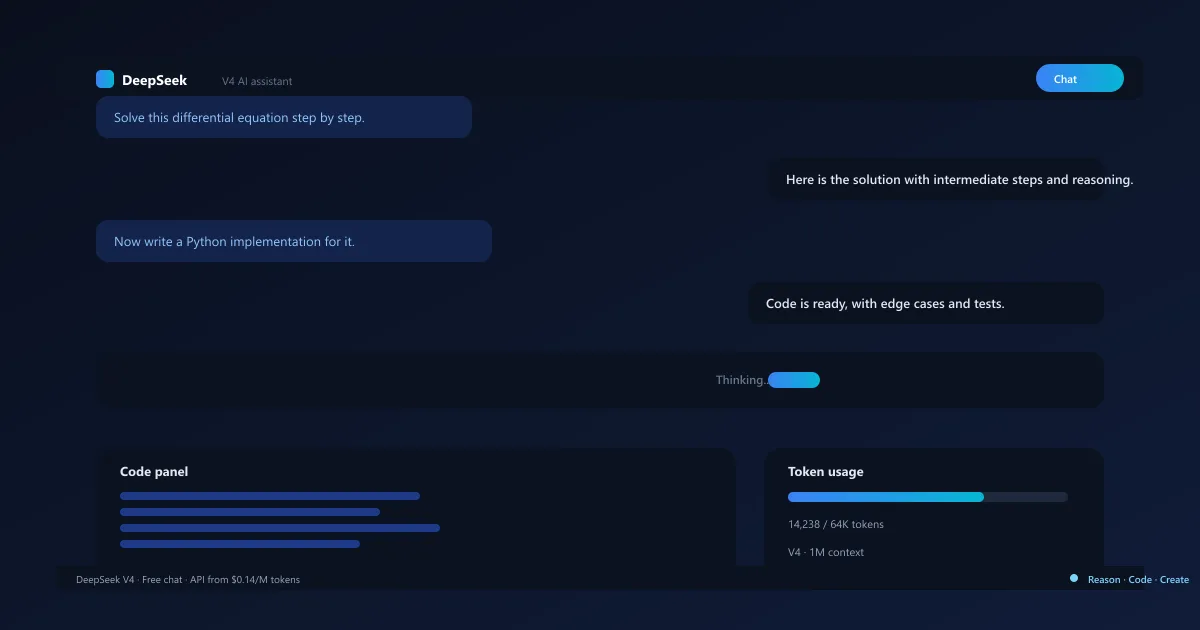 DeepSeek AI chatbot interface with the V4 reasoning model answering a coding question