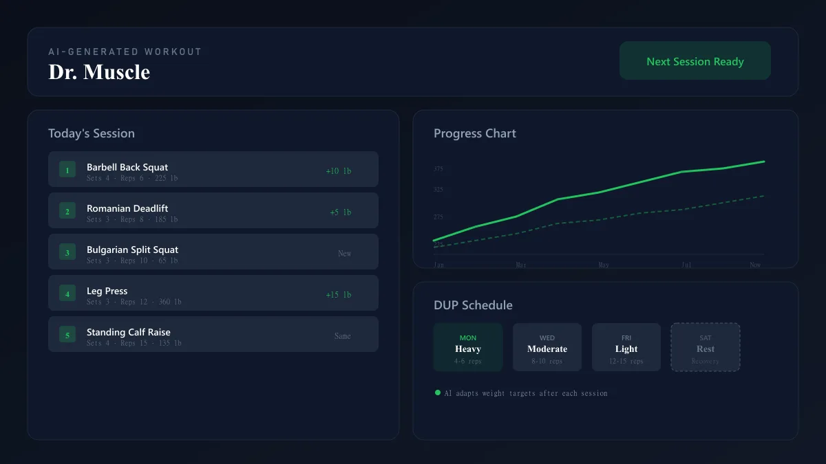 Dr. Muscle AI personal trainer app showing auto-generated progressive overload workout plan