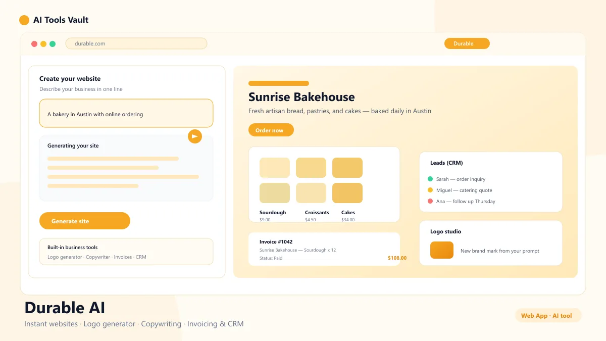 Durable AI interface showing instant website generation with built-in business tools