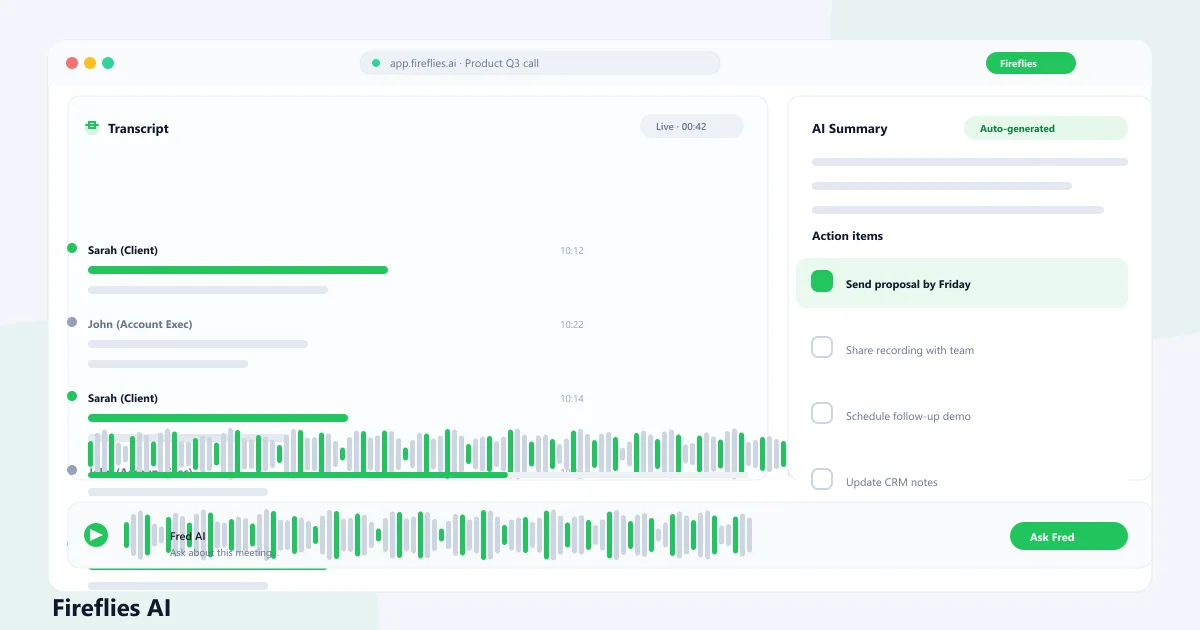 Fireflies AI meeting transcription interface showing automated notes