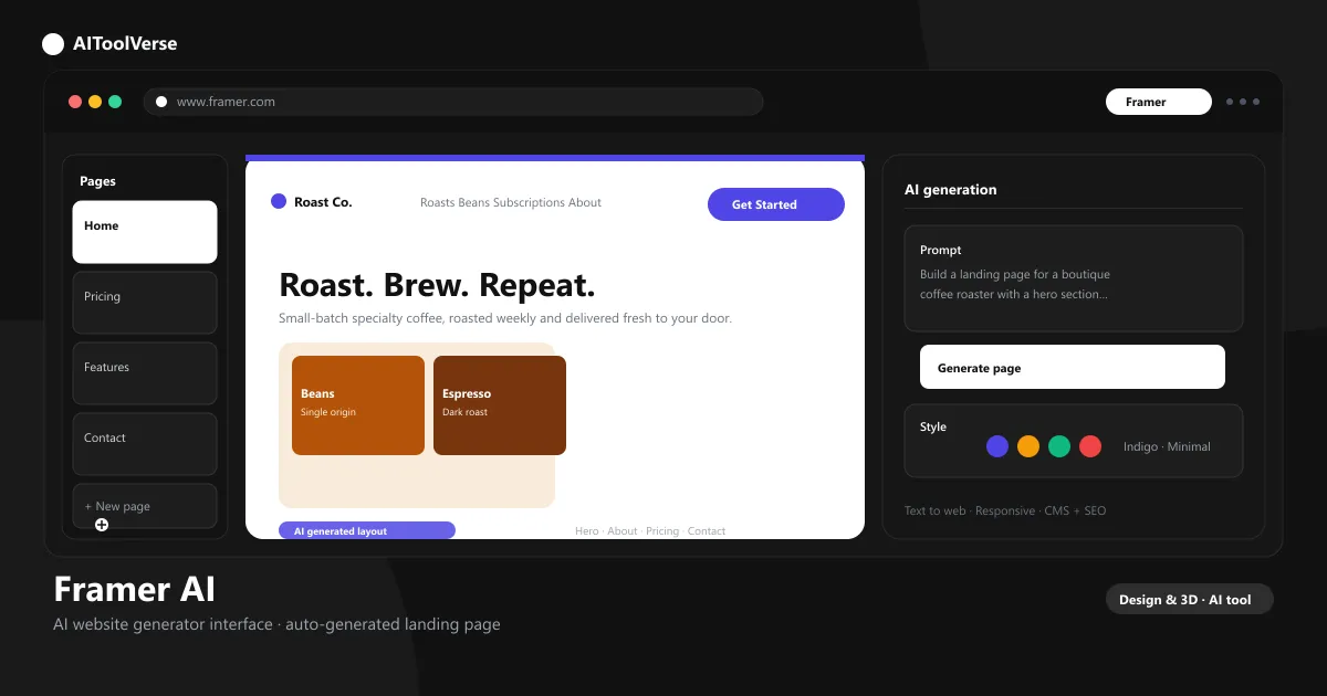 Framer AI website generator interface showing AI-generated landing page