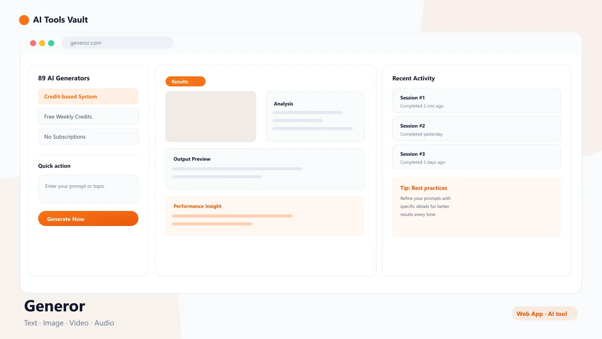 Generor AI content suite dashboard showing text, image, video, and audio generation tools