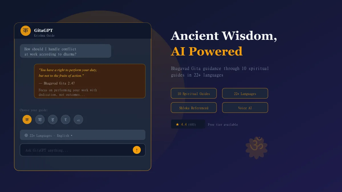 GitaGPT AI chatbot interface showing Bhagavad Gita verse response with spiritual guide selection