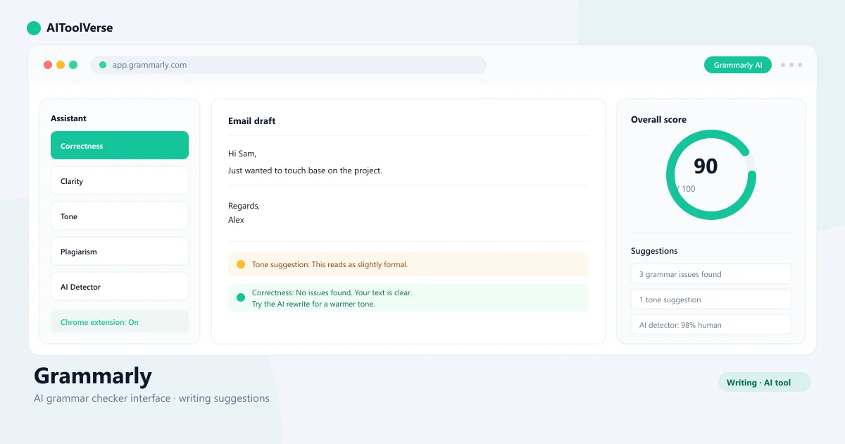 Grammarly AI grammar checker interface showing writing suggestions