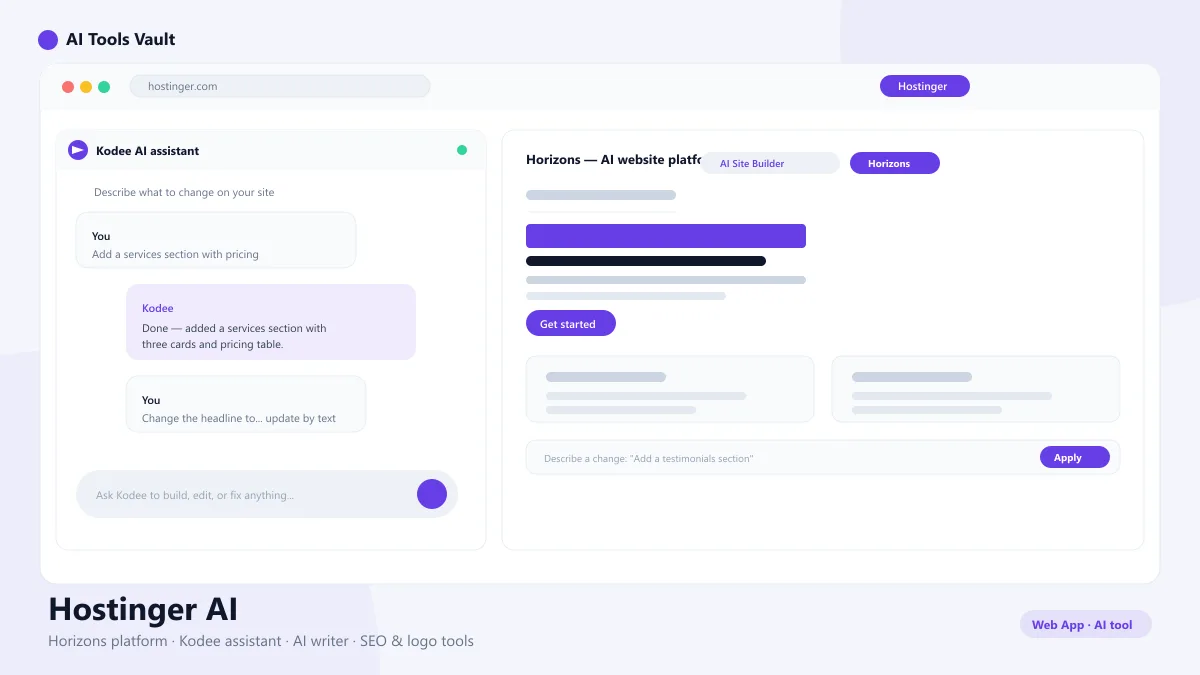 Hostinger AI website builder interface showing Horizons platform and Kodee assistant