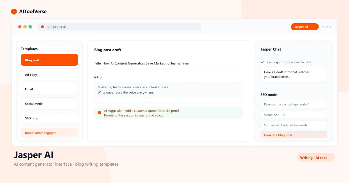 Jasper AI content generator interface showing AI blog writing templates