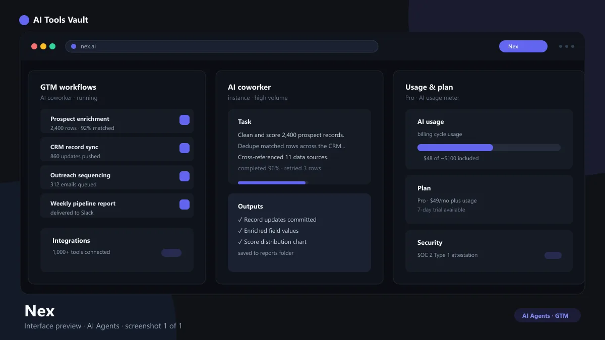 Nex AI dashboard showing CRM workflows, agent approvals, and connected integrations