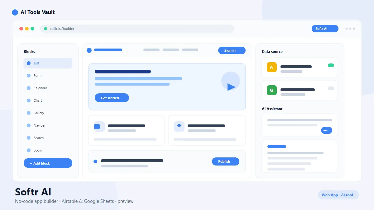 Softr AI interface showing no-code web app builder with Airtable integration