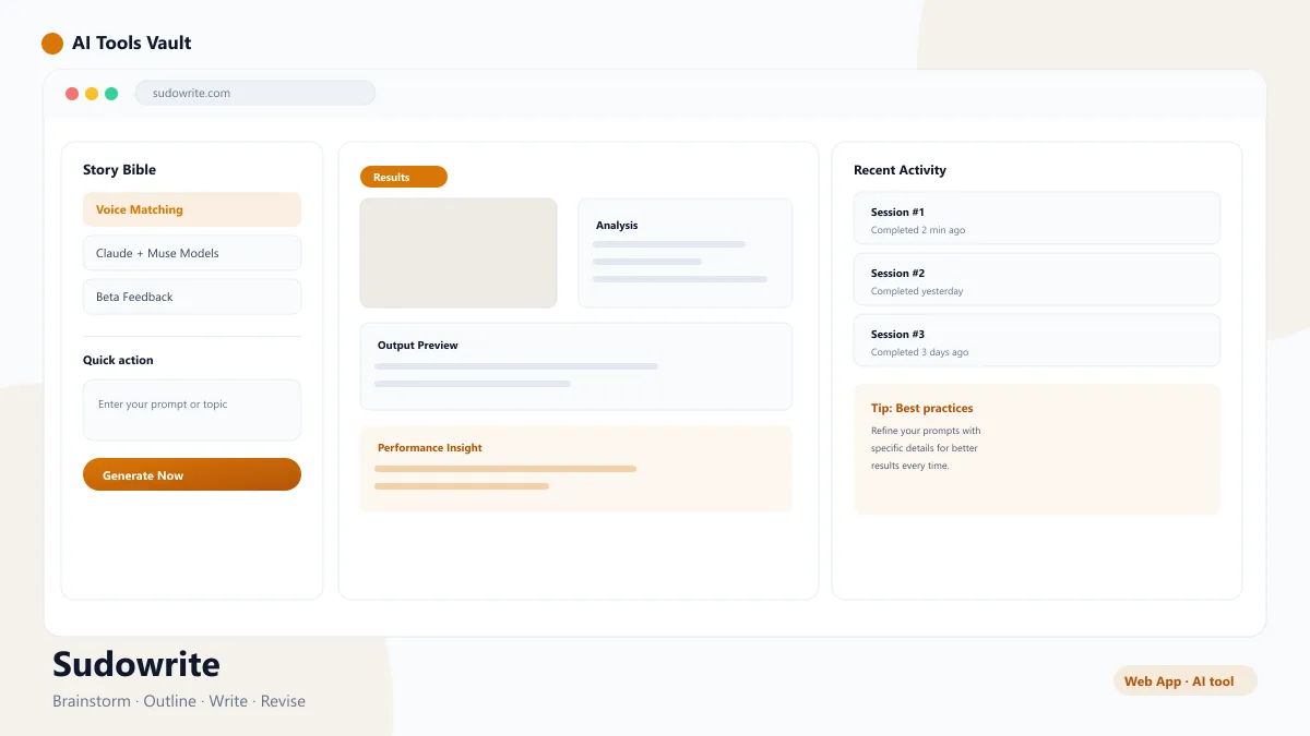 Sudowrite fiction writing interface with brainstorming, outlining, and chapter drafting tools