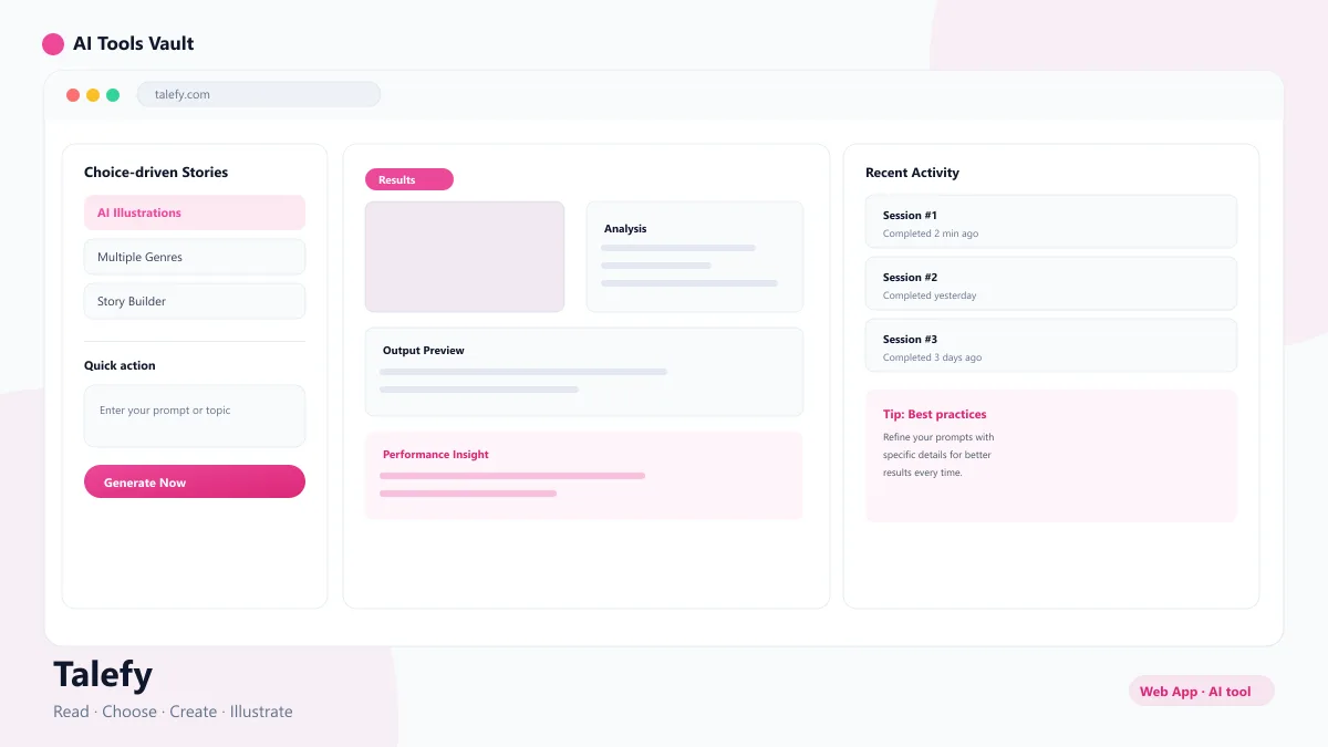Talefy interactive story interface with AI-generated illustration and choice options