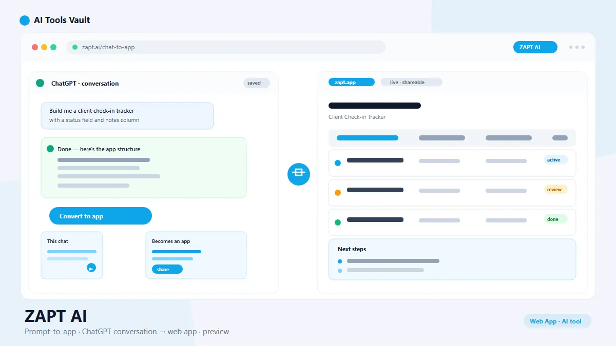 ZAPT AI interface showing ChatGPT conversation converted into a reusable web app