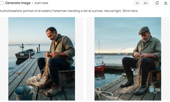 Ideogram photorealistic portrait of an elderly fisherman mending a net.